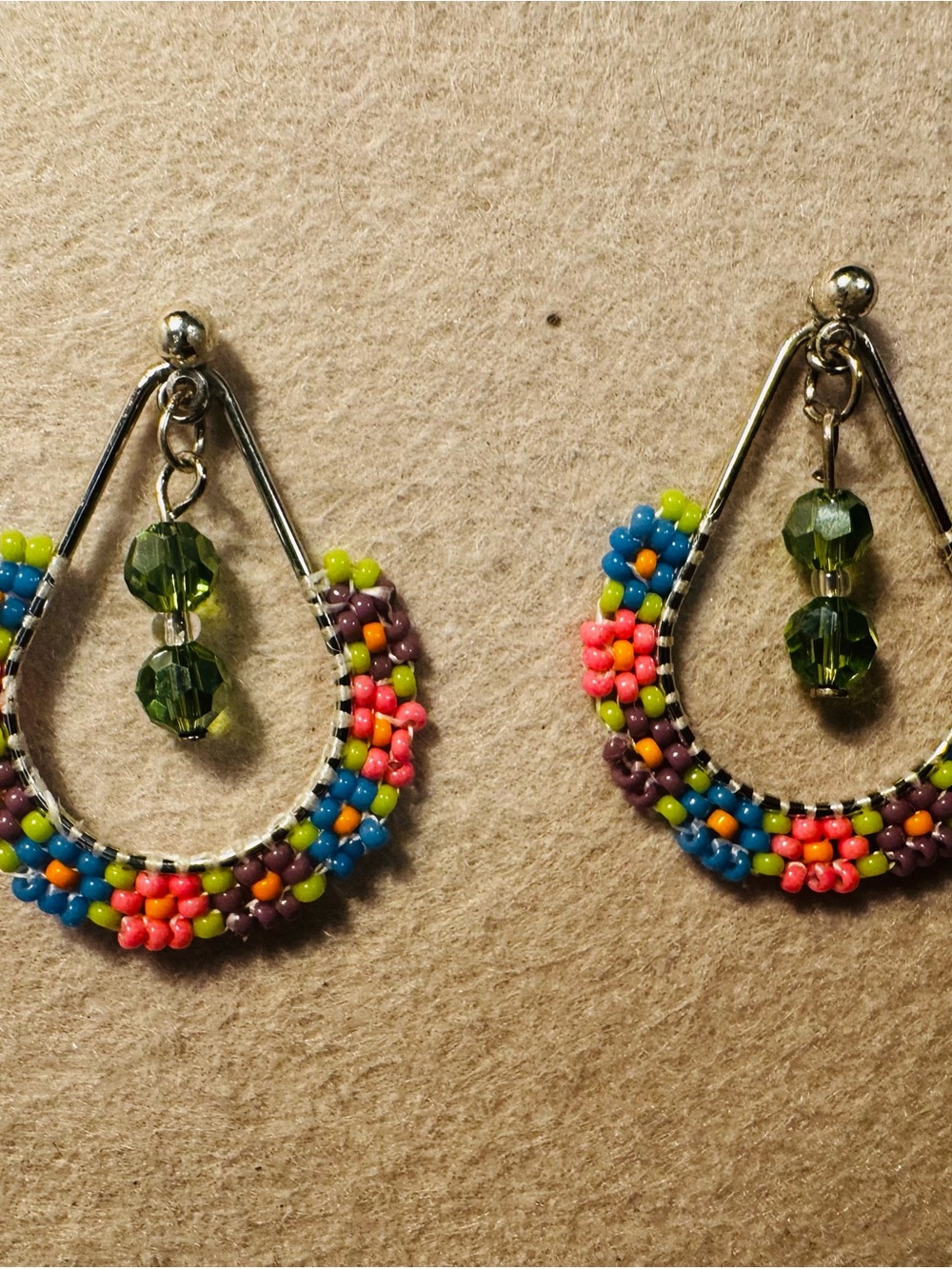Colorful Beaded Teardrop Dangle Earrings in Green and Multicolor